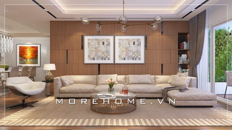 Bộ sofa góc chữ L hiện đại, bọc vải màu trắng tạo cảm giác tinh tế và sang trọng cho không gian phòng khách biệt thự