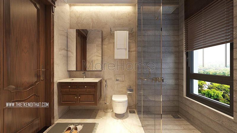 Tủ lavabo treo tường mặt đá trắng gỗ óc chó với ngăn kéo để đựng các vật dụng nhỏ nhắn trong phòng tắm khá tiện lợi.